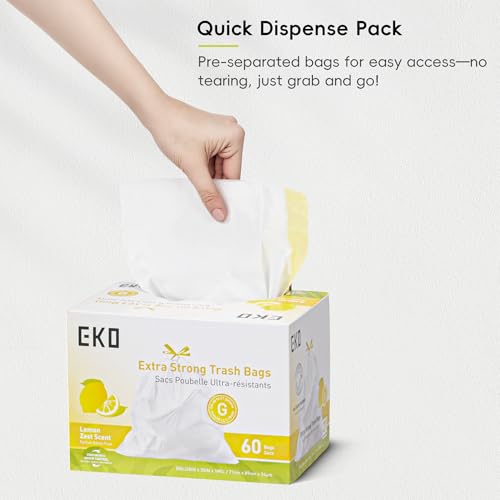 Image of EKO 21 Gallon / 50-90 Liter, 60 Count Drawstring Trash Bags, Extra-Strong Garbage Bags, Lemon Zest Scent with Continuous Odor Control, Easy-Dispense Roll for Kitchen and Household Use, Code G, White