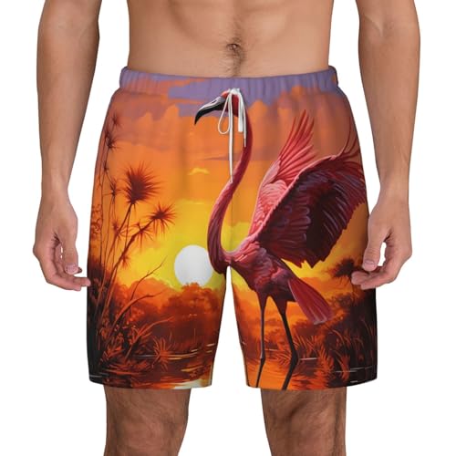 Men's Swim Trunks Quick Dry Board Shorts Flamingo Sunset Beach Shorts with Pocket Bathing Suits for Men