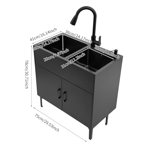 Fregadero de cocina independiente de dos senos con grifo extraíble y mueble móvil 3