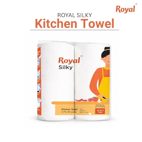 Image of Royal Silky Kitchen Tissue Rolls - 480 Pulls | 60 Kitchen Towels X 8 Rolls| 2-Ply Soft & Strong Kitchen Paper Towel | Highly Absorbent Disposable Kitchen Tissue | 2 rolls x Pack of 4