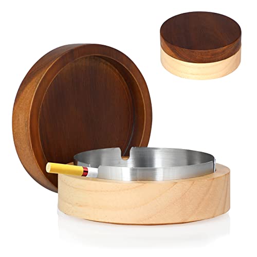 Tragbarer Aschenbecher mit Deckel - Edelstahl Winddicht Liner Aschenbecher Home Holz Aschenbecher mit U-Rillen, Cool Aschenbecher für Büro, Esszimmer, Innen- und Außenbereich Cover