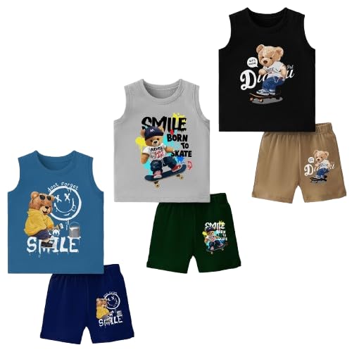 Image of TS LAVI TAVI Baby Cotton Clothing Set | Sleeveless T-Shirt & Shorts Combo | Summer Wear for Boys & Girls | Soft Breathable Fabric | Multicolor Pack of 3
