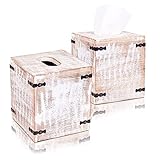 Luxe Designs Rustic Wood Tissue Box Cover with Slide-Out Bottom Panel - Decorative Mango Wood Tissue Box Holder for Bathroom, Car, or Office Desk - 5.7 x 5.7 x 6.5 Inches, Rustic White (Set of 2)