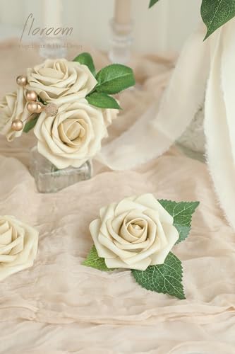 image for Floroom Artificial Flowers 25pcs Real Looking Beige Foam Fake Roses wi