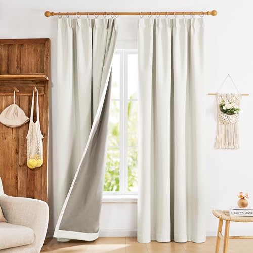 Deconovo 100% Blackout Curtains Faux Linen Pencil Pleat Thermal Insulated Curtains for Bedroom Cream 46 x 54 Inch(Width x Length) One Pair