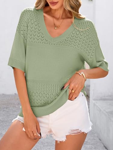 PRETTYGARDEN Women's Short Sleeve Sweater Tops 2025 Spring Summer Casual V Neck Ribbed Knit Trendy Eyelet Blouse T Shirts3