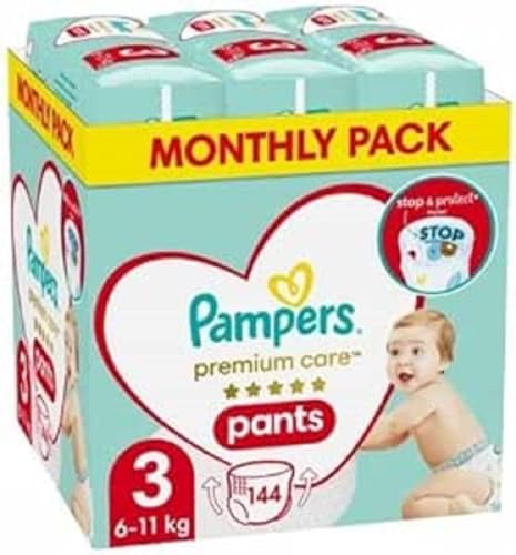 Pampers Pants Pañales Talla 3 (6-11 kg), Premium Care, paquete de 144 unidades, pañales con bolsillo para parada y protección a prueba de fugas en la parte trasera