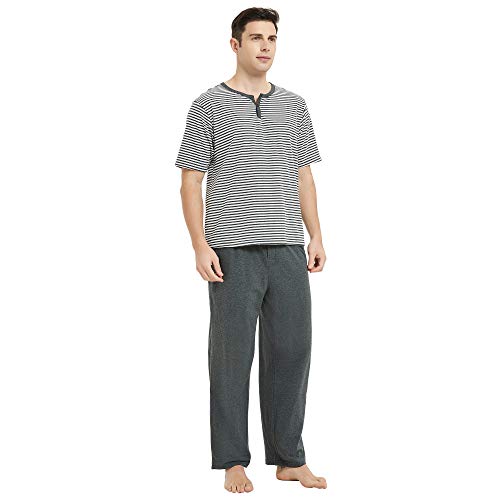 Image of U2SKIIN Mens Cotton Pajama Sets, Lightweight Short Sleeve Sleepwear Long Cotton Pajama Bottoms(Dark Grey Mel,M)