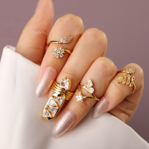 Rhinestones Beads Butterfly Finger Tip 18K Plated Gold Ring Little Finger Nail Cover Decoration Jewelry for Women Girls