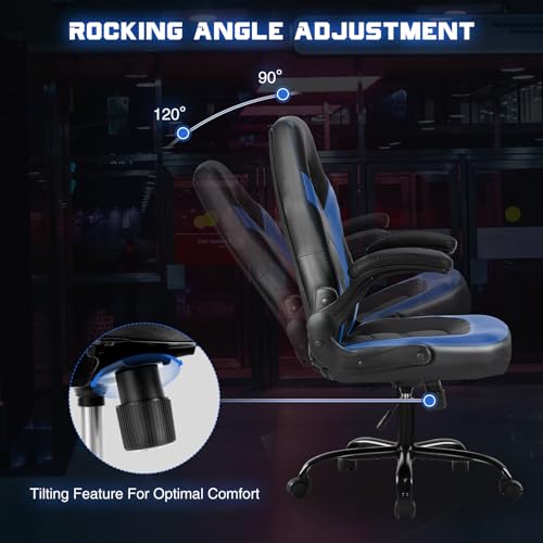 Sweetcrispy Computer Video Game Chair - Ergonomic Home Office with Comfy Lumbar Support, PU Leather Height Adjustable with Flip-up Armrest and 360° Swivel Wheels, Blue, for Adults, Teens by Sweetcrispy - Image 6