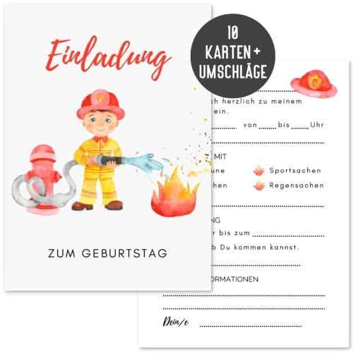 Things of Happiness 10 Einladungskarten zum Kindergeburtstag inkl. Briefumschläge Feuerwehr Geburtstagseinladungen Feuerwehr Junge | Einladung zum Geburtstag für Kinder Mädchen Junge (Feuerwehr)