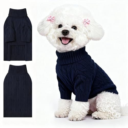 Image of Small Dog Thermal Pullover Sweater, Classic Turtleneck Cable Knitwear Dog Clothes for Cold Weather Warm Pet Clothes for Chihuahua, Bulldog, Dachshund, Pug Navy Medium