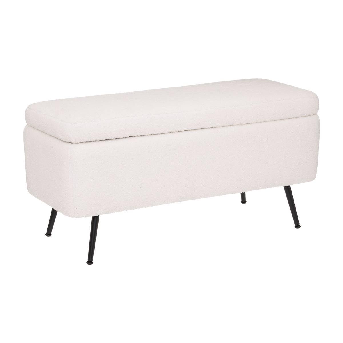Banc Coffre Tissu Blanc à bouclettes et Pieds en métal 100 x 40 cm - Atmosphera