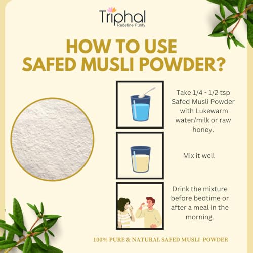 Image of TRIPHAL Natural & Pure Safed Musli Powder (100g) | Organic Ayurvedic Herb For Vitality, Stamina & Performance Organic Produce | Preservative Free