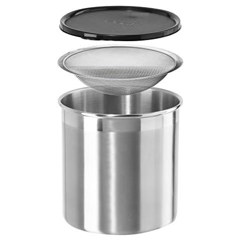 Oggi Stainless Steel Jumbo Grease Container with Removable Strainer and Snug Lid. Perfect container for fryer oil, bacon drippings, lard and ghee oil. Large capacity can - 1 Gall / 4 Qt / 3.75 Lt Cover