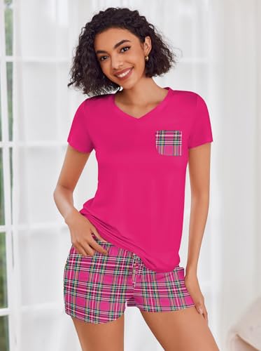 Image of Ekouaer Womens Pajama Sets Short Sleeve Pajamas for Women Sets Soft Lounge Sets Casual V Neck Sleepwear PJS