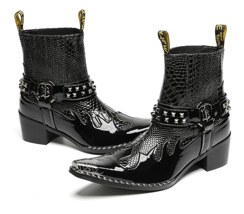 Santimon Men's Genuine Leather Western Chelsea Cowboy Boots | Mid-Top with Metallic Wingtip Toe & Snakeskin Buckle | Dress-to-Casual for Stage, Neon Nights4