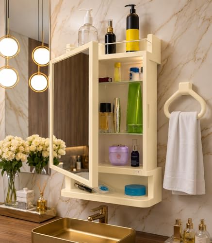 Image of CIPLA PLAST Rich Look Plastic Wall-Mounted Bathroom Mirror Cabinet with Storage Shelves, Single Door, Bathroom Mirror Cabinet with Towel Holder | (Ivory)