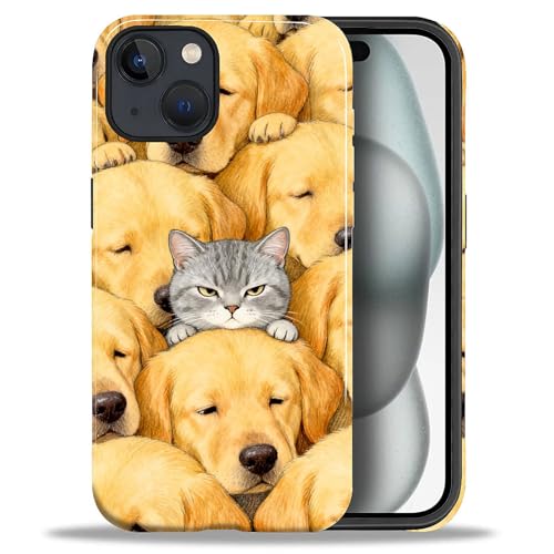Goodsprout for iPhone 13/14 Case,Hybrid 2-Layer Hard Shell + Silicone Protective Case -Resistant Shockproof- The Grey Cat was Lying On The Labrador's Back