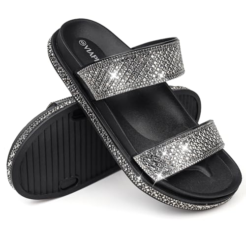 Image of Platform Sandals Women,Womens Sandals-Studded Silde Sandals-Double Buckle Adjustable-Beach Sandals for Women-Flat Sandals Summer Vacation