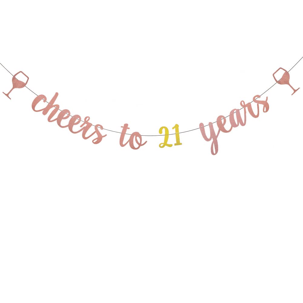 WEIANDBO Cheers to 21 Years Rose Gold Glitter Banner,Pre-Strung,21st Birthday/Wedding Anniversary Party Decorations Bunting Sign Backdrops,Cheers to