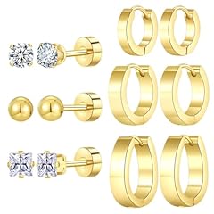 6 Pairs Gold Plated Hoop Flatback Stud Earring Set