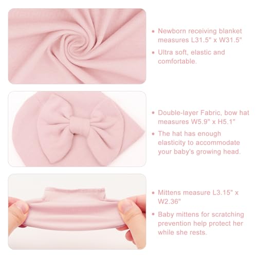 Image of AQOKKA Newborn Receiving Blanket with Bow Hat Mittens Wooden Card Set Newborns Toddler Baby Boy Girl Nursery Swaddle Wrap