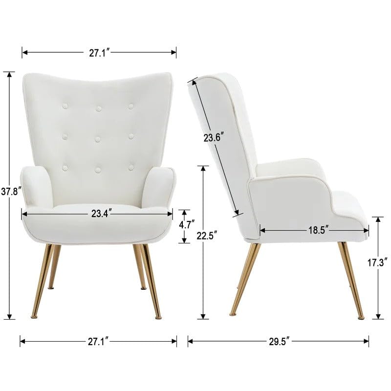 Image of Velvet Wingback Accent Chair for Living Room | Luxury High Back Tufted Armchair with Glossy Metal Legs | Modern Velvet Upholstered Lounge Chair for Home & Office | 1 Pc (White)