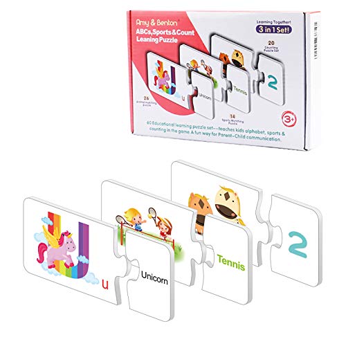Match It Puzzles 3-in-1, 60PCS Self-Correcting Number Counting Puzzles Alphabet Animal Matching Puzzles Sports Spelling Learning Puzzles for Age 3 4 5 Up-2 8 Year Old Preschool Toddler Toys Gift Set