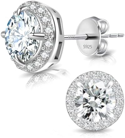 Moissanite Stud Earrings Lab Created 1ct-3ct 925 Sterling Silver 18K White Gold Plated, Round Cut, VVS1 Clarity Moissanite Halo Earrings for Women Men