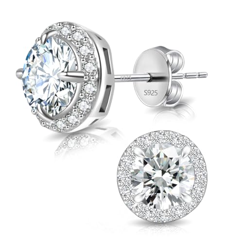 Moissanite Stud Earrings Lab Created 1ct-3ct 925 Sterling Silver 18K White Gold Plated, Round Cut, VVS1 Clarity Moissanite Halo Earrings for Women Men