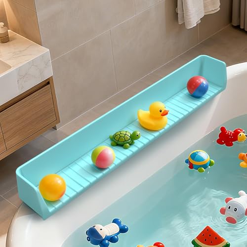 LuxDuo Bathtub Splash Guard for Tub Kids, 31” Longer Silicone Water Splash Guard for Bathtub,Play Shelf for Bathing with 11 Strong Suction Cups,Prevents Water Spills in Bathroom (Blue)