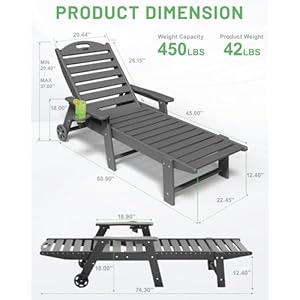 Lounge Chair Outdoor Chaise Lounge Chair Outdoor HDPE 6 Position Outdoor Chaise Lounge Patio Lounge Chair with Wheels Cup Holder for Pool Poolside Deck Backyard Grey