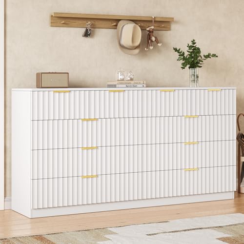 Image of 55.1 inch Wide Fluted 10 Drawer Dresser for Bedroom, White | Modern Dresser for Closet with Metal Handle, Wooden Chest of Drawers for Bedroom, Living Room, Hallway