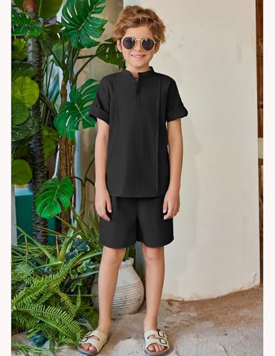Image of Arshiner Boy's 2 Pieces Linen Sets Short Sleeve Henley Shirt and Shorts Summer Beach Matching Outfits 4-12 Years