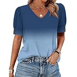 Womens Tops Short Sleeve Buttons Shirts V Neck Spring Fashion Summer Outfits Plus Size Blouses Dressy Casual Tees（2-Blue,Small）
