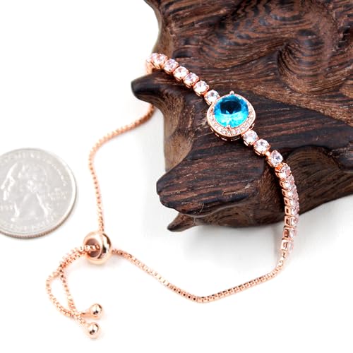 Image of Rose Plated Gold Brass Box Chain Cubic Zirconia Classic Tennis Slider Adjustable Bracelet, Round Big Zircon Charm Give Woman Mom Mother's Day Fashion Crystal Gift
