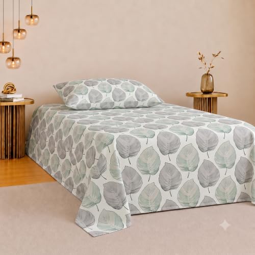 Image of IVAZA 220 TC Soft Ezyption Cotton Floral Single Bed Sheet - Single bedsheet with 1 Pillow Cover Hypoallergenic, Brethable, (Size- 90 x 60 Inch Grey Leaf