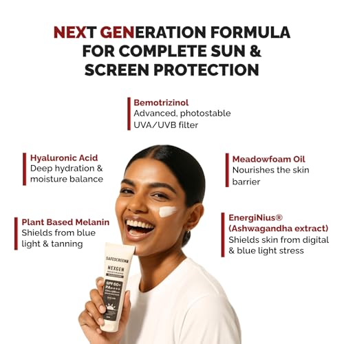 Image of CHOSEN Safescreen Nexgen SPF 60 PA++++ Sunscreen for Face | Broad Spectrum UV Blue Light IR Protection | No White Cast Hydrating Formula | Water Resistant | For Dry Sensitive Skin 40ml