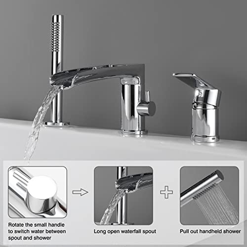 Taplong Waterfall Roman Tub Faucet With Hand Shower, Widespread Deck Mount Bathtub Faucet With Sprayer, Single-Handle 3-Holes Bathtub Shower Faucet Set In Chrome, 03119Ch #TOP3