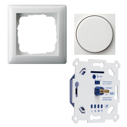 LED-Dimmer 3-250W Digital nur 16 mm Einbautiefe 2-Draht-Technik zur Nachrüstung LED Halogen Glühlampen Komplettset mit Gira-Standard 55 reinweiß glänzend Phasenanschnitt und Phasenabschnitt