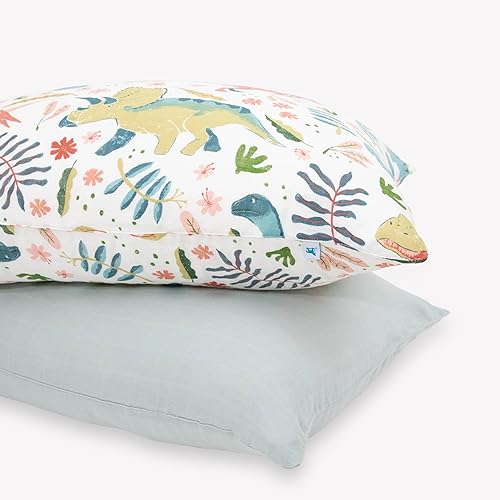 Image of Little Unicorn Standard Pillowcase 2 Pack | Super Soft & Breathable Muslin Fabric | Snug Envelope Closure | for Crib and Toddler Bed (Boho Dino)