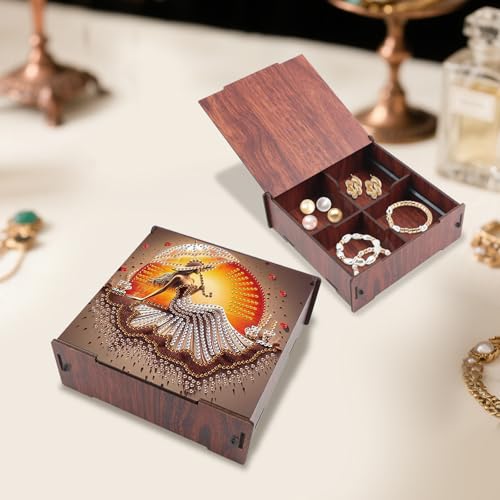 Image of AiYuanzsh DIY Diamond Art Storage Box, Sunset Lady Design Wooden Diamond Painting Case with Flip-Top Lid and 4 Divided Compartments, Desktop Craft, Jewelry and Accessories Supplies Storage Container