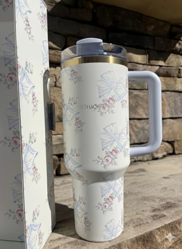 Love Shack Fancy 40oz Quencher Tumbler, Leak-Proof Lid & Straw, Vacuum Insulated Stainless Steel Travel Mug – Holiday Rosa & Beaux Blue