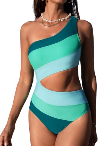 Image of CUPSHE Women One Piece Swimsuit One Shoulder Bathing Suit Cutout Monokini | Removable Soft Cups, Color Block, Classic Bum Coverage, Swim Suit For Beach Vacation Cruise Pool Party