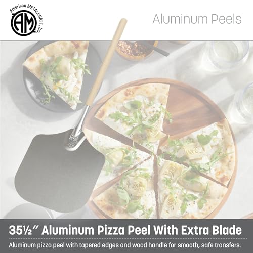 Image of American Metalcraft 3016 Aluminum Pizza Peel with 19 Inch Wood Handle - 12 x 14 Inch, 14 Gauge Aluminum Blade - Tapered Edges for Smooth Handling - Durable Commercial Grade, Silver