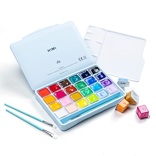 HIMI Gouache Paints set with 3 Paint Brushes, 24 Colors, 30g, Jelly Cup Design, Non Toxic Paint for Canvas and Paper, Art Supplies for Professionals (Ice Blue Case)