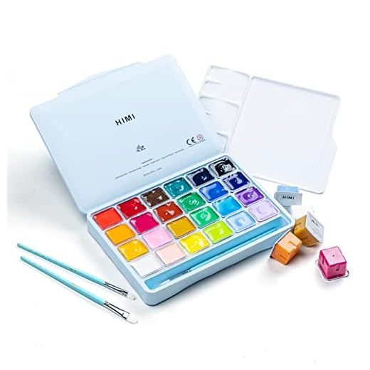 HIMI Gouache - Juego de pinturas con 3 pinceles, 24 colores, 1.06 onzas, diseño de taza de gelatina, pintura no tóxica para lienzo y papel, suministros de arte para profesionales (estuche azul hielo)