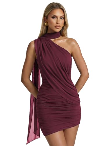 CurvySweet Noa Women's One Shoulder Ribbon Mesh Summer Bodycon Mini Dress