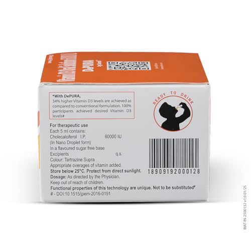 Image of DePURA Vitamin D3 Oral Solution 60000 IU | Cholecalciferol 60000 IU Vitamin D3 Nano Shots | Clinically Proven | 34% Better Absorption | Sugar Free - Pack of 4x5ml Ready to Drink Shots